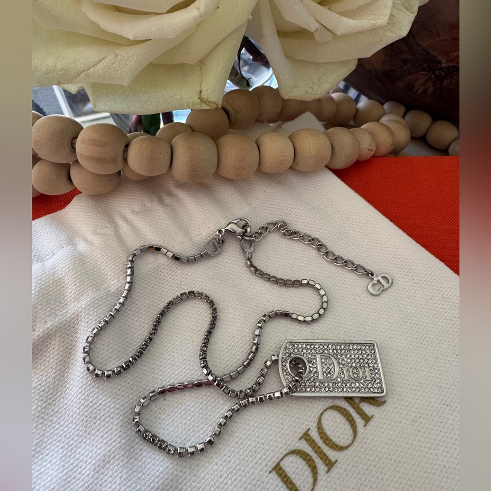 CHRISTIAN DIOR Silver Rhinestone Dog Tag Necklace. Vintage John Galliano 1990s. - Picture 5 of 13